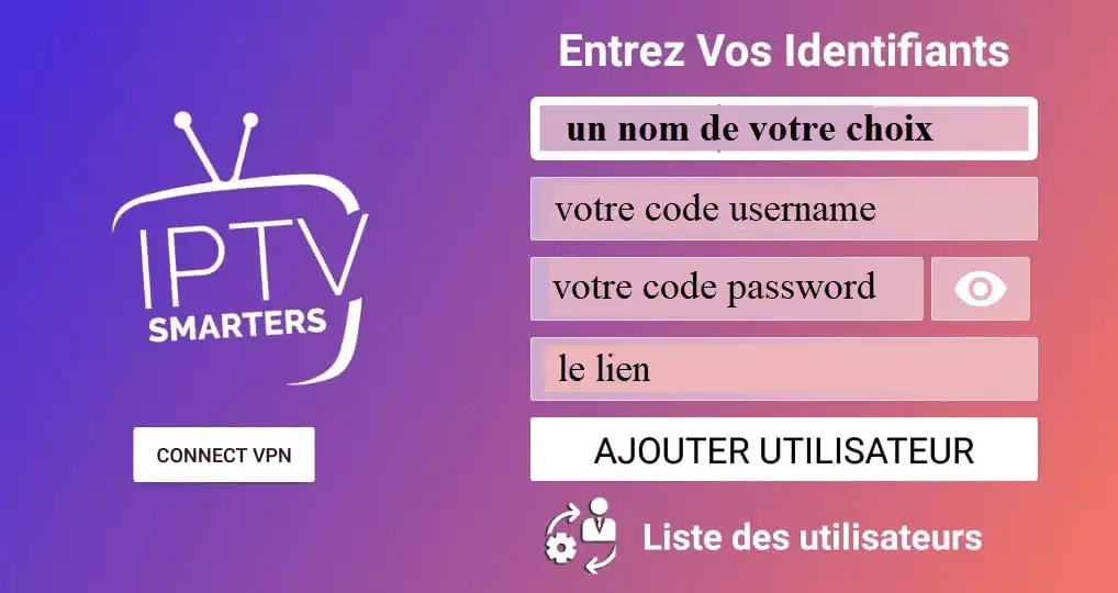 Écran de connexion IPTV Smarters Pro pour entrer identifiants, URL et configurer IPTV France.